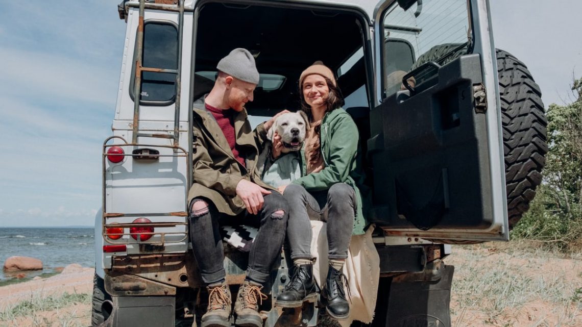 Young couple relaxing by the ocean in a van with their dog on a sunny day.